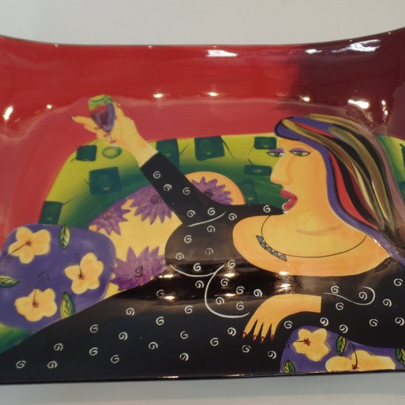 Naylor Designs 2004 Hand Painted Ceramic Hanging Plate 13.5" L X 9.5" T Lady Sip - Picture 2 of 12